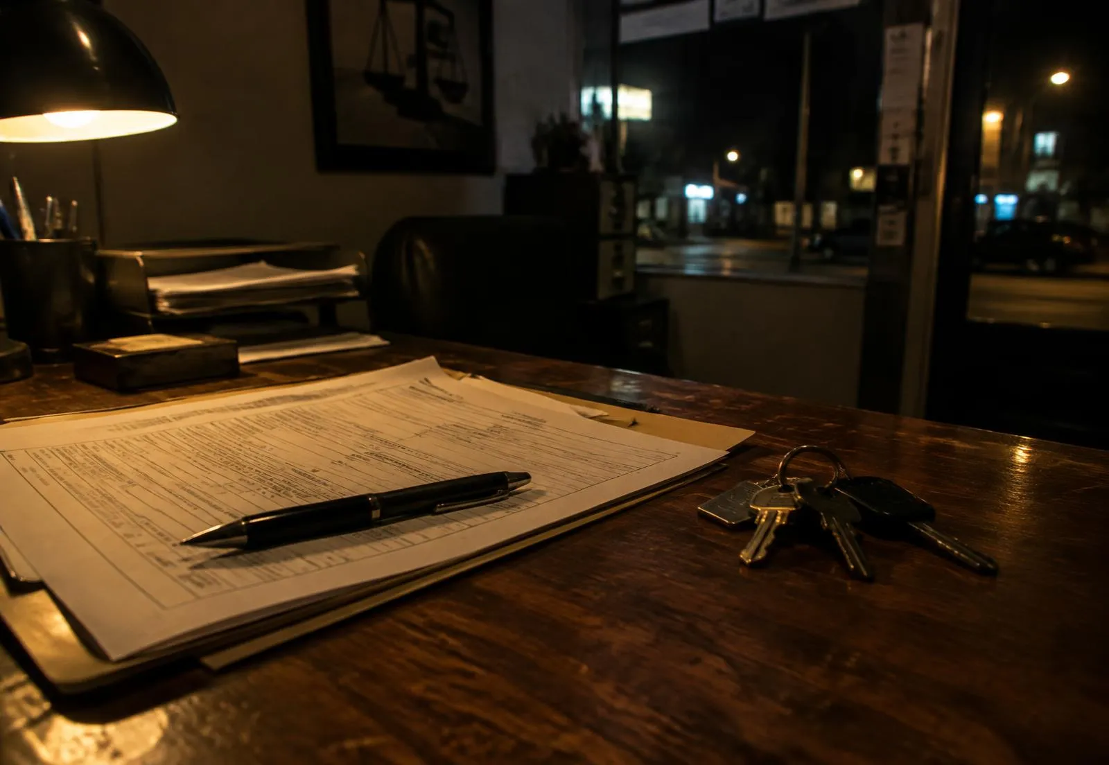 Bond paperwork, a pen and a set of keys on a desk in the office at night