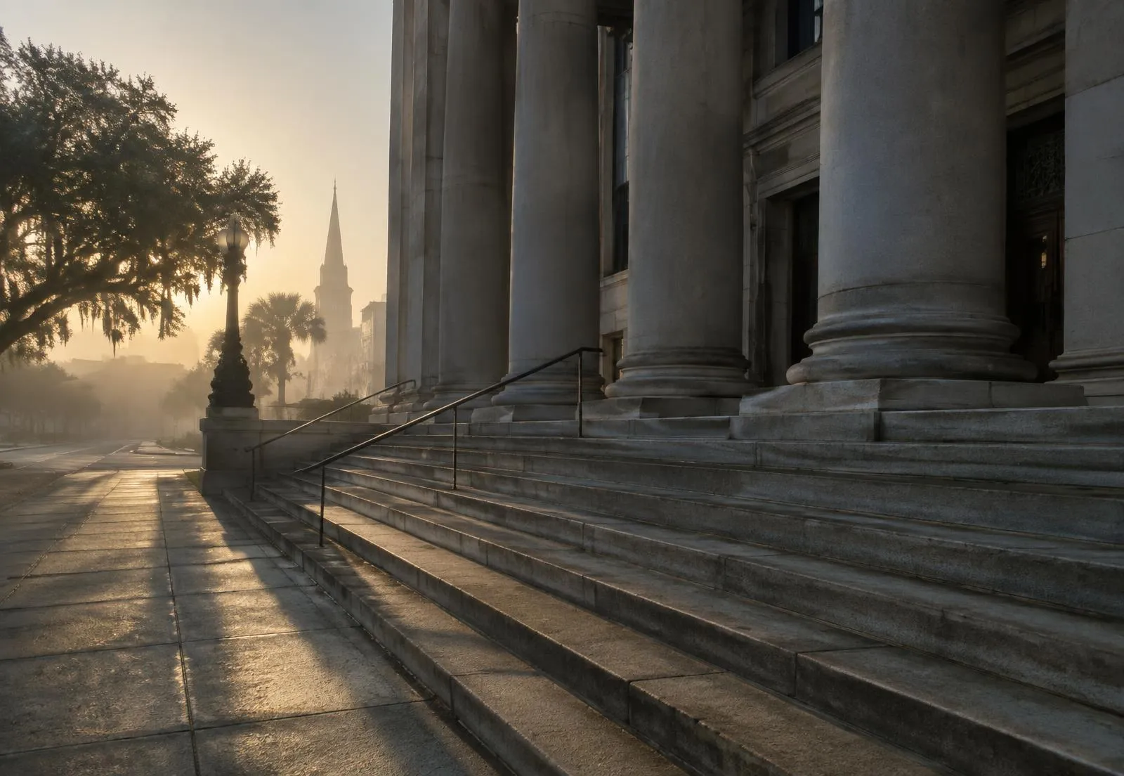 Courthouse steps in downtown Mobile, Alabama on a weekday morning