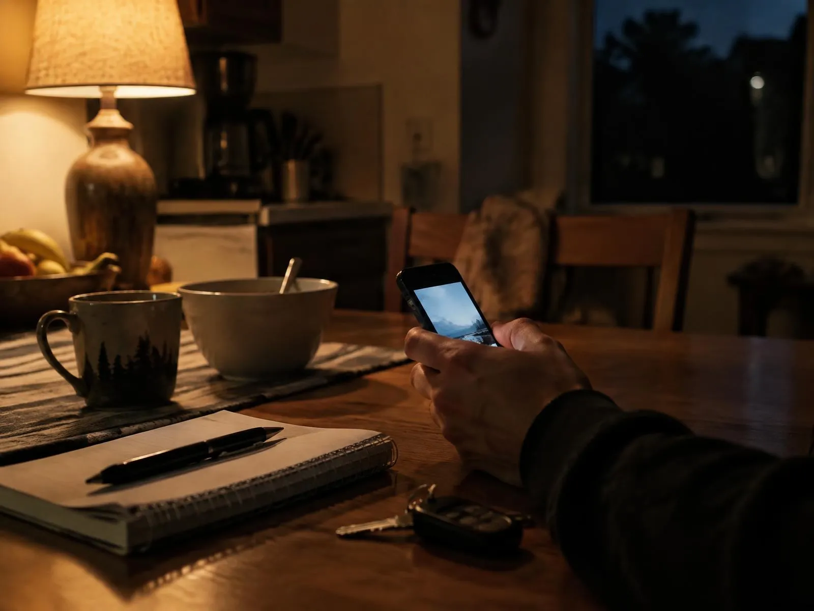 A hand holding a phone at a kitchen table late at night