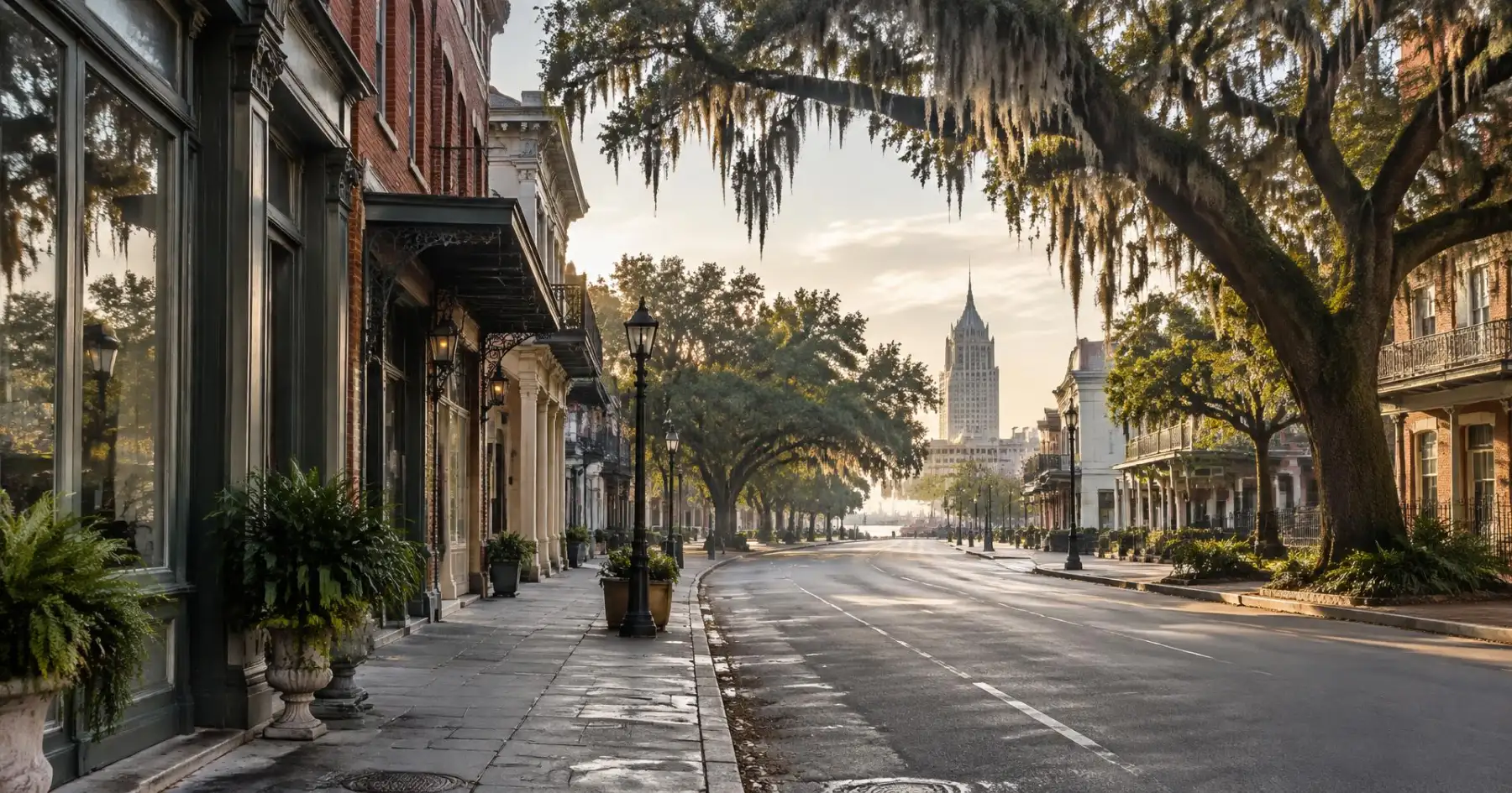 Downtown Mobile, Alabama at dawn with live oaks over the street