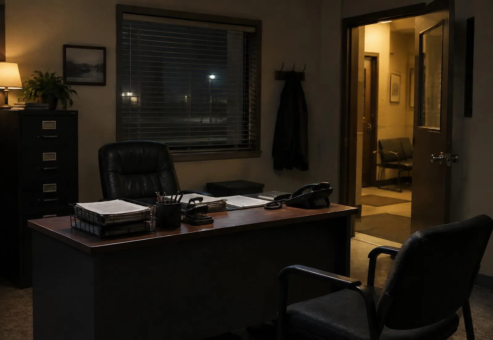The bail bond office at night with paperwork on the desk